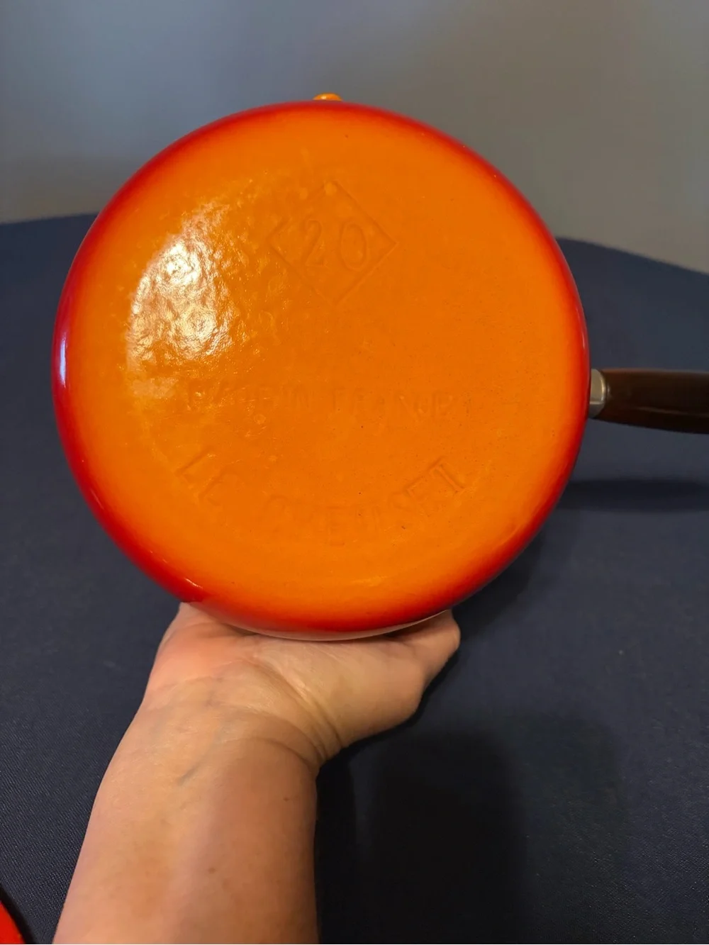 Vintage Le Creuset P20 Orange to Red Flame Gradient Enamel Saucepan with Lid.